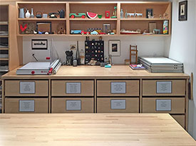 Art Studio Furniture has 12 art supply storage drawers for the school art classroom.