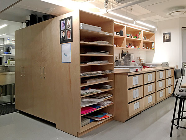 Art Storage in School Art Classroom made by Art Boards Archival Art Storage Systems.