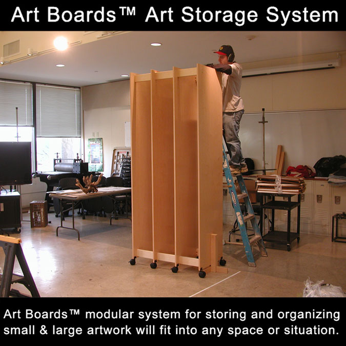 Sculpture storage for storing art in a Painting Studio.