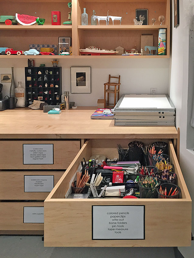Art Studio Art Supply Drawer is well labeled and organized in Art School Class Studio by Art BoardsArchival Supply.