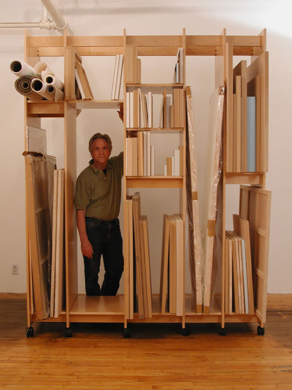Modular Art Storage System showing how to store art; paintings, drawings, prints, art books, sculpture, and more.