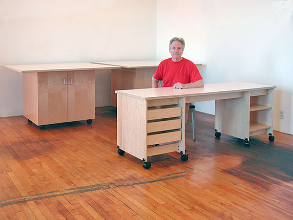 Rolling counter high natural maple work tables and rolling art studio desk with drawers are all made by Art Boards� Art Supply in Brooklyn NY.