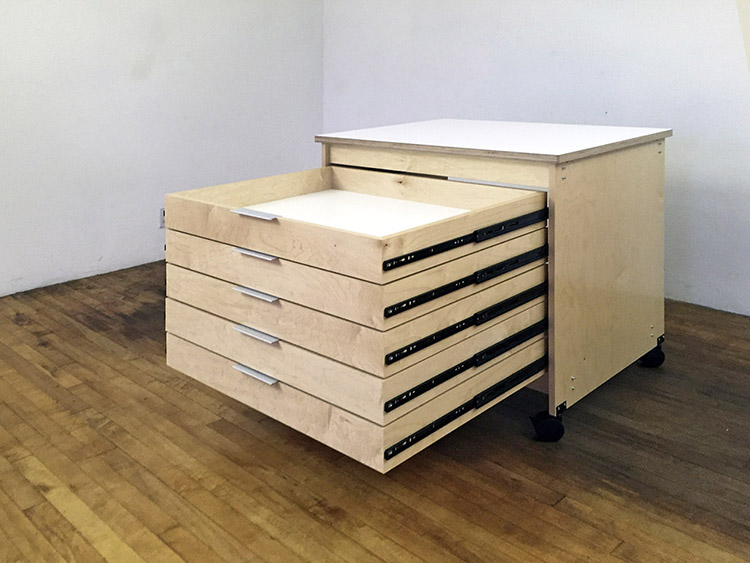 Art Studio Drawers are for storing art and art supplies. Art Storage Drawers are made of furniture grade maple plywood. Art Boards™ art studio furniture has a durable finish of clear satin acrylic lacquer. Art Boards™ rolling art studio furniture drawers have no formaldehydes added in any of its materials. So, there will be no harmful out gassing on to the stored art, or it's environment.