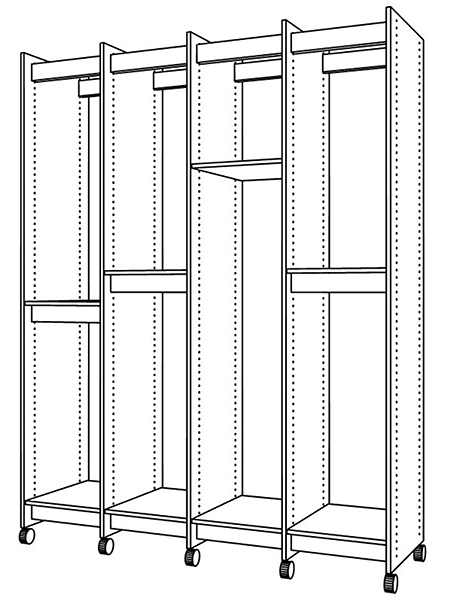 Art Storage System rolls on wheels that lock in place and art storage shelves adjust in height.