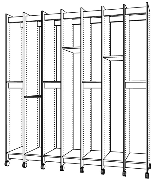Art Storage Cabinet rolls on wheels that lock in place for storing art.