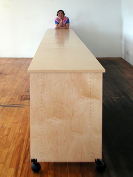 Extra long art studio work table for  making art and storing art.