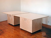 Art Studio Work Tables Desks with Art Supply storage below.