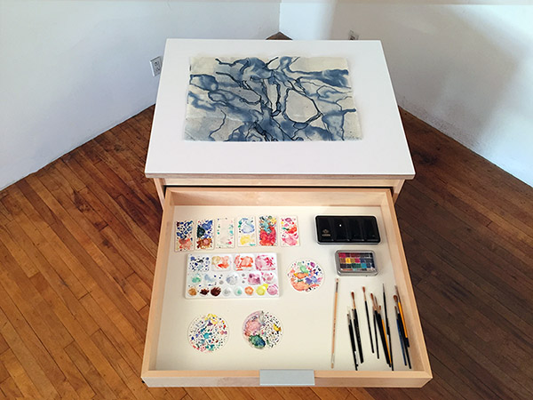Art Boards™ Art Studio mobile workstations for making and storing art have 5 drawers and they roll on wheels. Each wheel is lockable. The cabinet wheels are rated for 175 lbs. of weight, all four wheels together have a weight capacity of 700 lbs. They add creative flexibility in and artist's studio by rolling where they can be best used, and they will roll away when more floor space is more important.