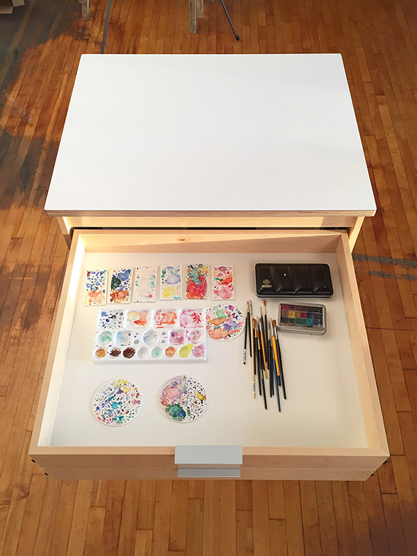 Art Boards™ art studio furniture drawers roll on wheels. Art Boards fine art cabinetry is made for storing art, and artist materials. There are five deep drawers for storing art, art supplies, and artist tools. The Art Studio Furniture is made in the USA by Art Boards™ Archival Art Supply in Brooklyn, New York.