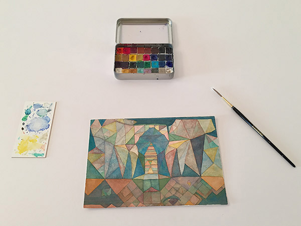 The watercolor painting is made on arches watercolor paper. The watercolor will be safely stored away from day light in the art storage drawers below. The top surface of the cabinetry is an excellent work surface to be used by artists in the studio.