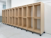 Fine Art Storage in the artist’s studio has locking wheels and adjustable shelves. Additional shelves and walls can be ordered as needed as the art collection grows. Made by Art Boards in Brooklyn New York USA.