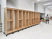 Art Studio Storage in artist studio with locking wheels and adjustable shelves. Additional shelves and walls are ordered as needed when the art collection espands. Made by Art Boards Archival Art Supply in Brooklyn New York, USA.