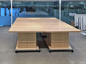 Extra large art studio work table can be separated in to four individual rolling art classroom tables to suit the art rooms space and needs.