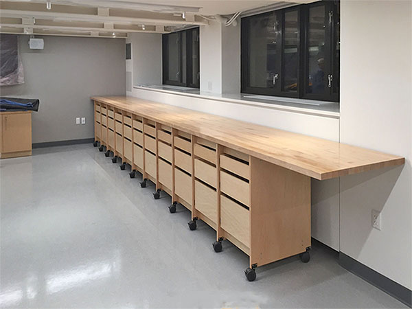 The art studio furniture rolls on 28 wheels, and has 33 drawers for storage in the art room  The Art storage cabinet drawers in the art school classroom will have printing equipment on top, and art supplies inside the 33 drawers.   The Art studio cabinetry in the school printmaking art classroom will hold printmaking equipment on the counter, and inside will be well organized art and and supplies.