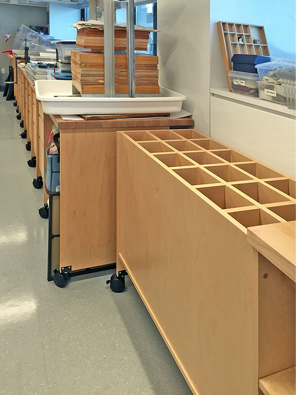 Art Studio Furniture in Art School Classroom for storing art and art supplies, and for learning art and teaching art.