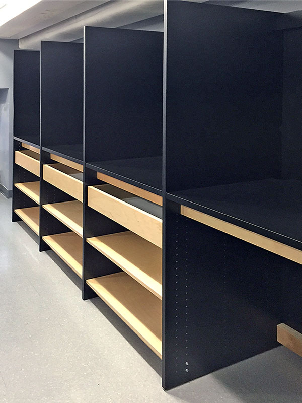 Photography Studio Storage System is cabinetry custom designed and made for this photography school darkroom for developing, processing, and printing  photographic images.