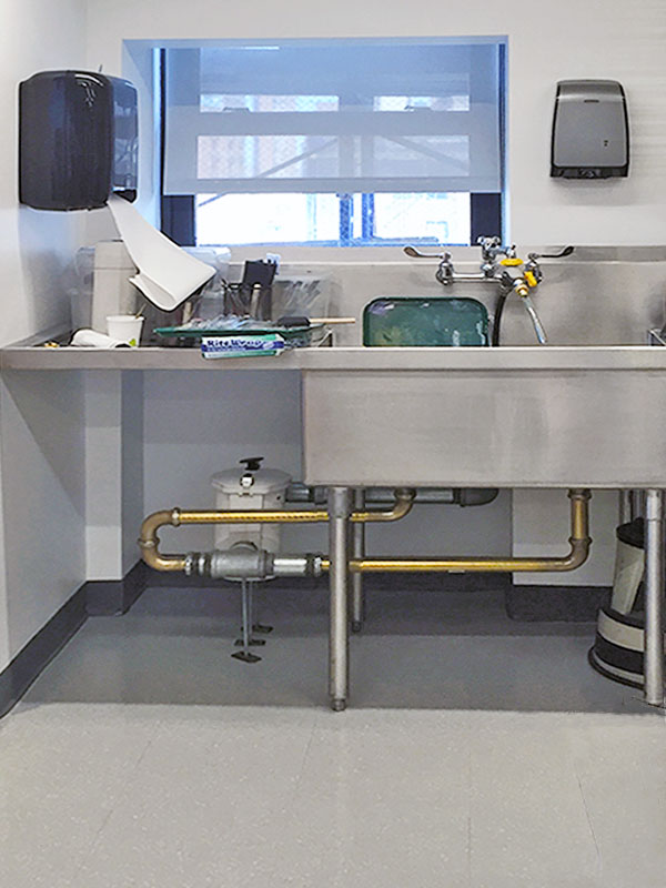Art Studio utility sink has exposed pipes that are covered by a removable cabinet.
