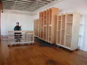 Art Storage Desk & Cabinets roll on locking wheels for making art, and storing art.