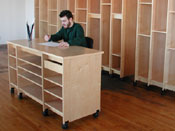 Art Storage Furniture, desk and work tables have art storage drawers and wide adjustable art storage shelves for storing art vertical or flat.